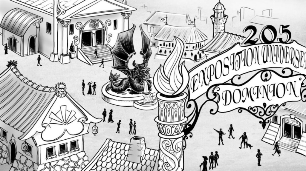 Illustration en noir et blanc, dessinée au trait de l'exposition universselle dont parle le grandeur nature Barok