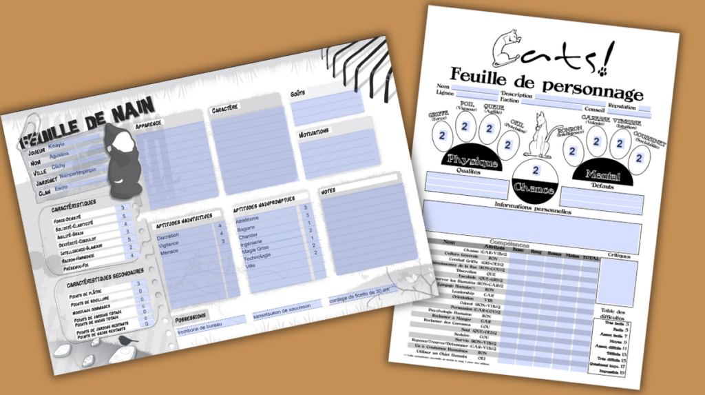 Capture d'écran montrant deux fiches de personnages de jeux de rôle : à gauche, une fiche de Nains et Jardins avec des formulaires interactifs, et à droite, une fiche de Cats! La Mascarade avec des champs de texte, des cases à cocher et des boutons radio pour personnaliser les personnages