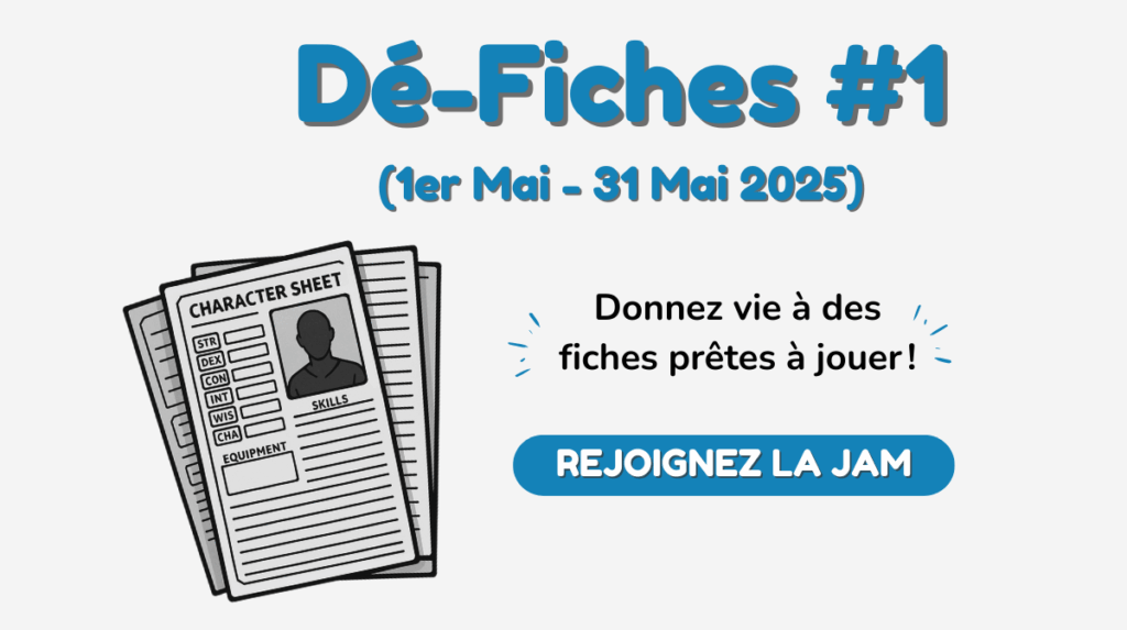 Bannière du défi dé-fiches sur itchio au mois de mai 2025, pour créer des fiches de personnages de JDR
