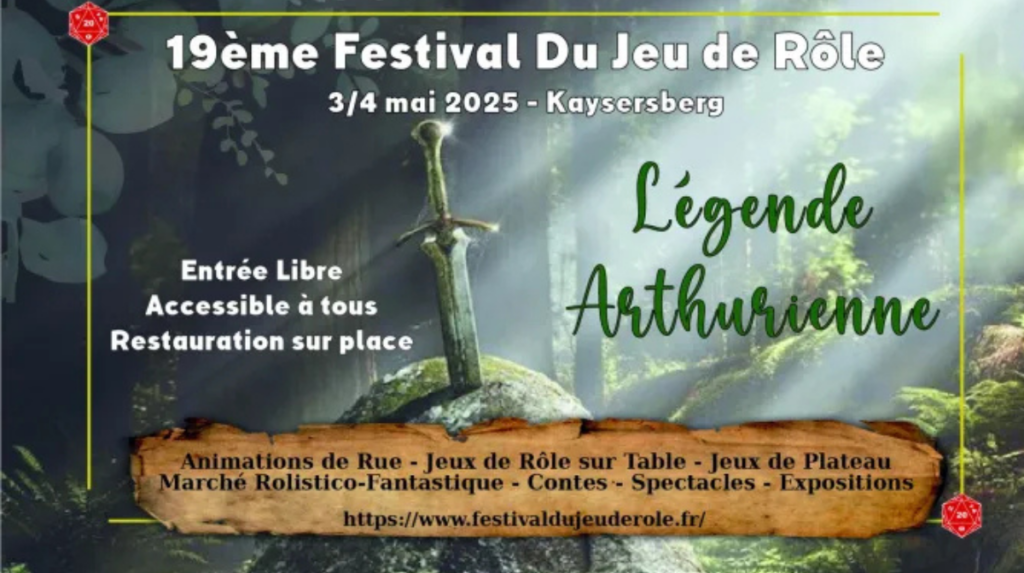 Bannière officielle de la 19e édition du Festival du Jeu de Rôle de Kaysersberg, édition 2025, mettant en lumière le thème des légendes arthuriennes.​