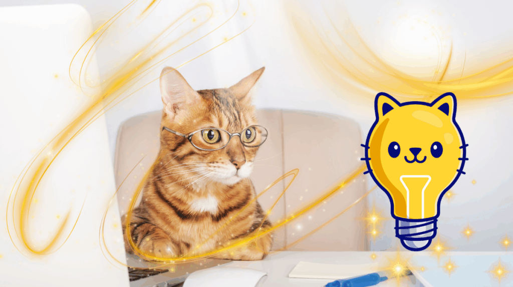 Image d'un chat avec des lunettes devant un ordinateur qui réfléchit et à une idée en forme d'ampoule chat sur comment préparer un scénario de cats pour sa table de jeu de rôle